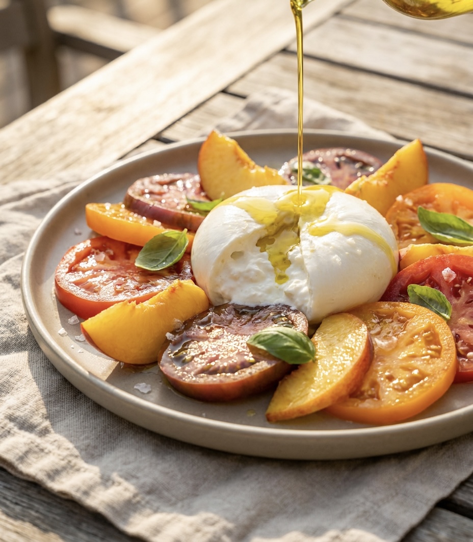 Tomaten burrata en perzik salade