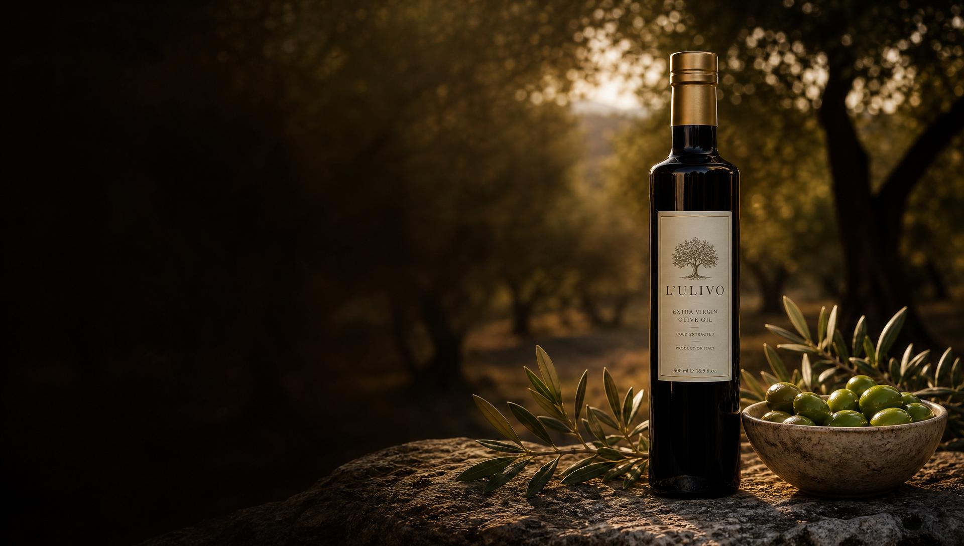 OASI olive oil bottle with green olives in golden sunset